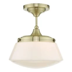 Caden Bathroom Semi Flush Antique Brass Opal Glass IP44