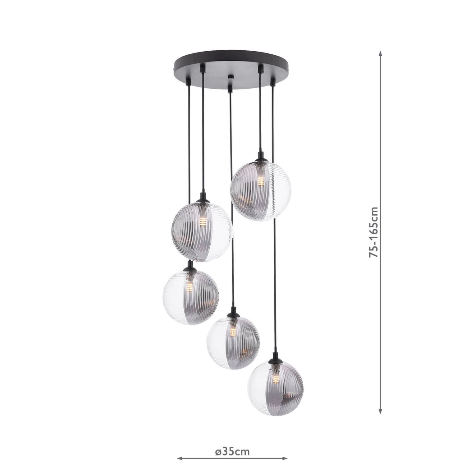 Federico 5 Light Cluster Pendant Matt Black & Smoked/Clear Ribbed Glass - Image 3