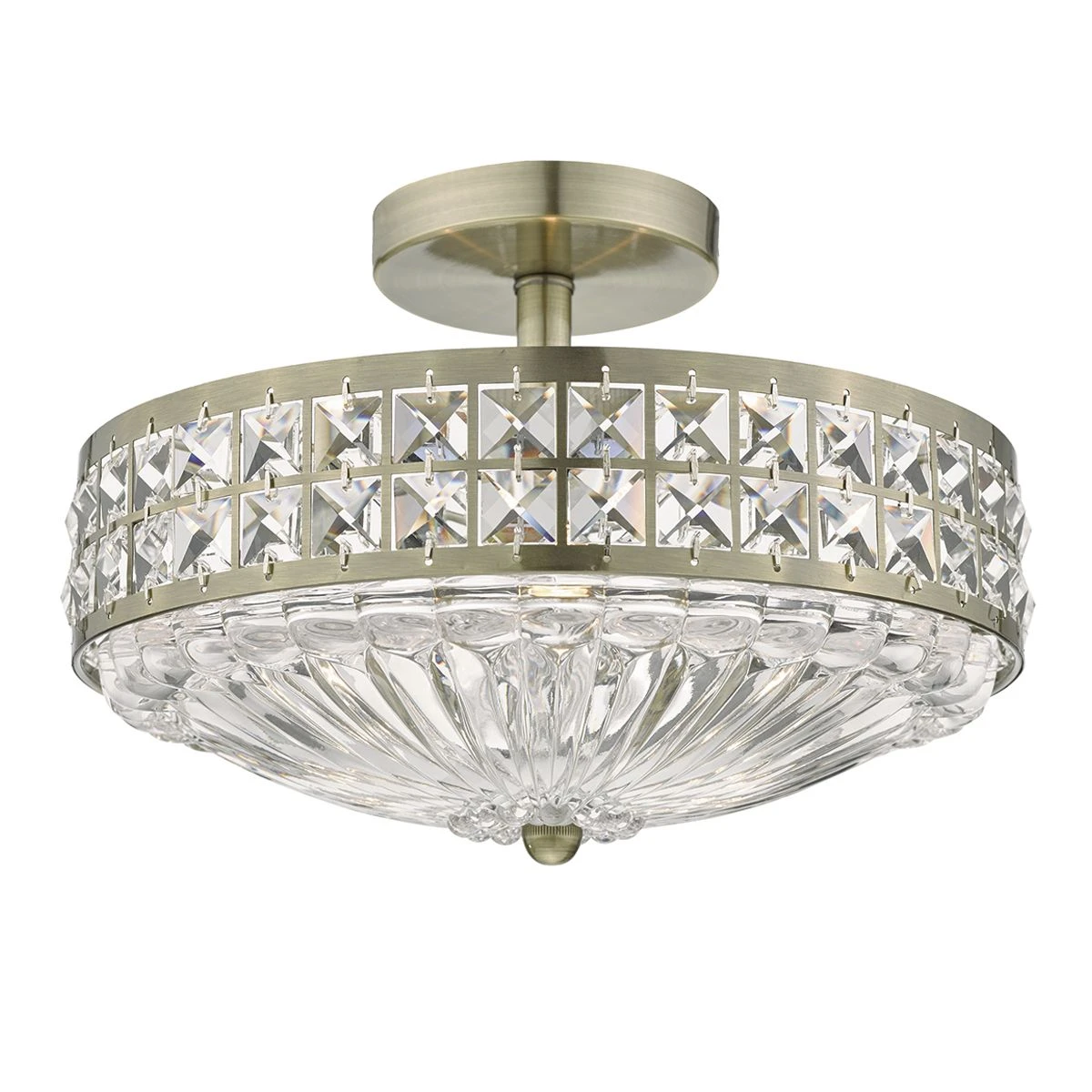 Olona 3L Light Semi Flush Antique Brass Crystal Beads And Glass Diffuser