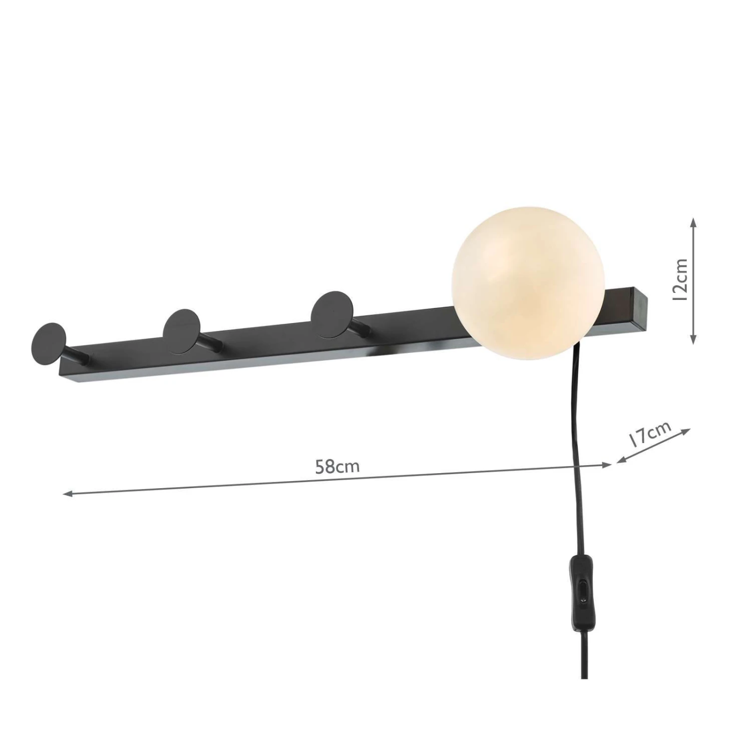 Rack Wall Light & Coat Hook Matt Black Opal Glass - Plug In - Image 6