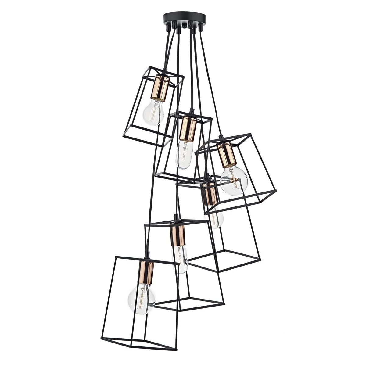 Tower 6 Light Cluster Pendant Matt Black & Copper - Image 3